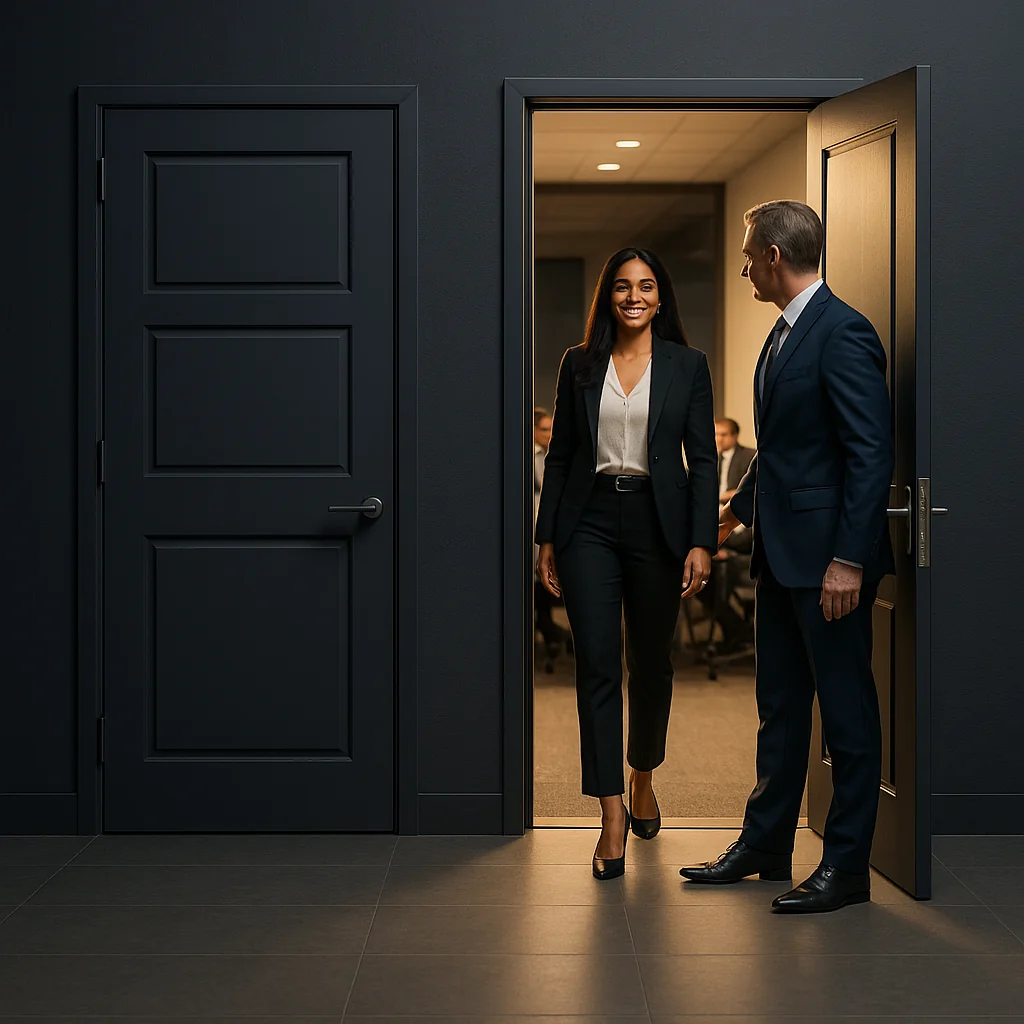 A white male opening a door for a women of culture with talent
